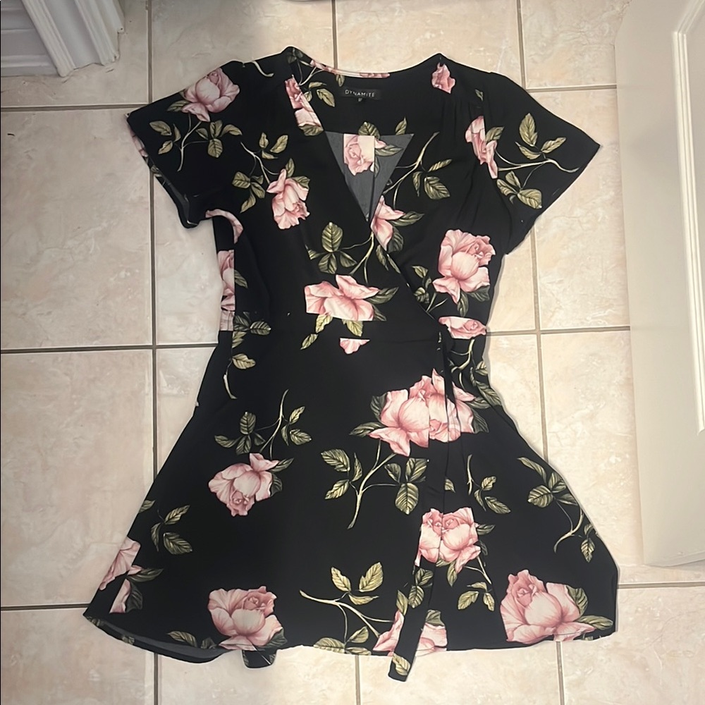 Floral Wrap Dress in Black and Pink